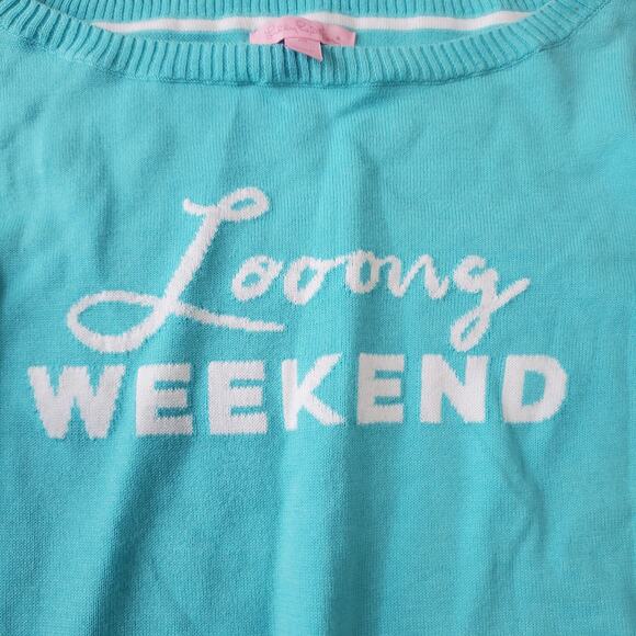 Lilly Pulitzer Sweater Womens Medium Blue Looong Weekend Cotton Pullover Top - Picture 2 of 10